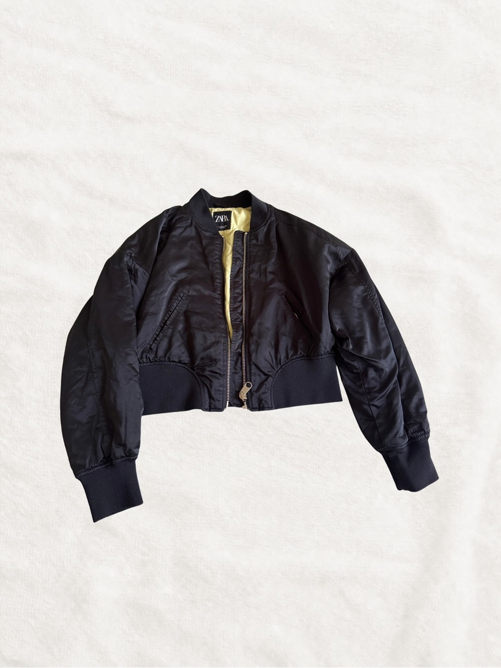 Zara Black Cropped Bomber with Yellow Lining